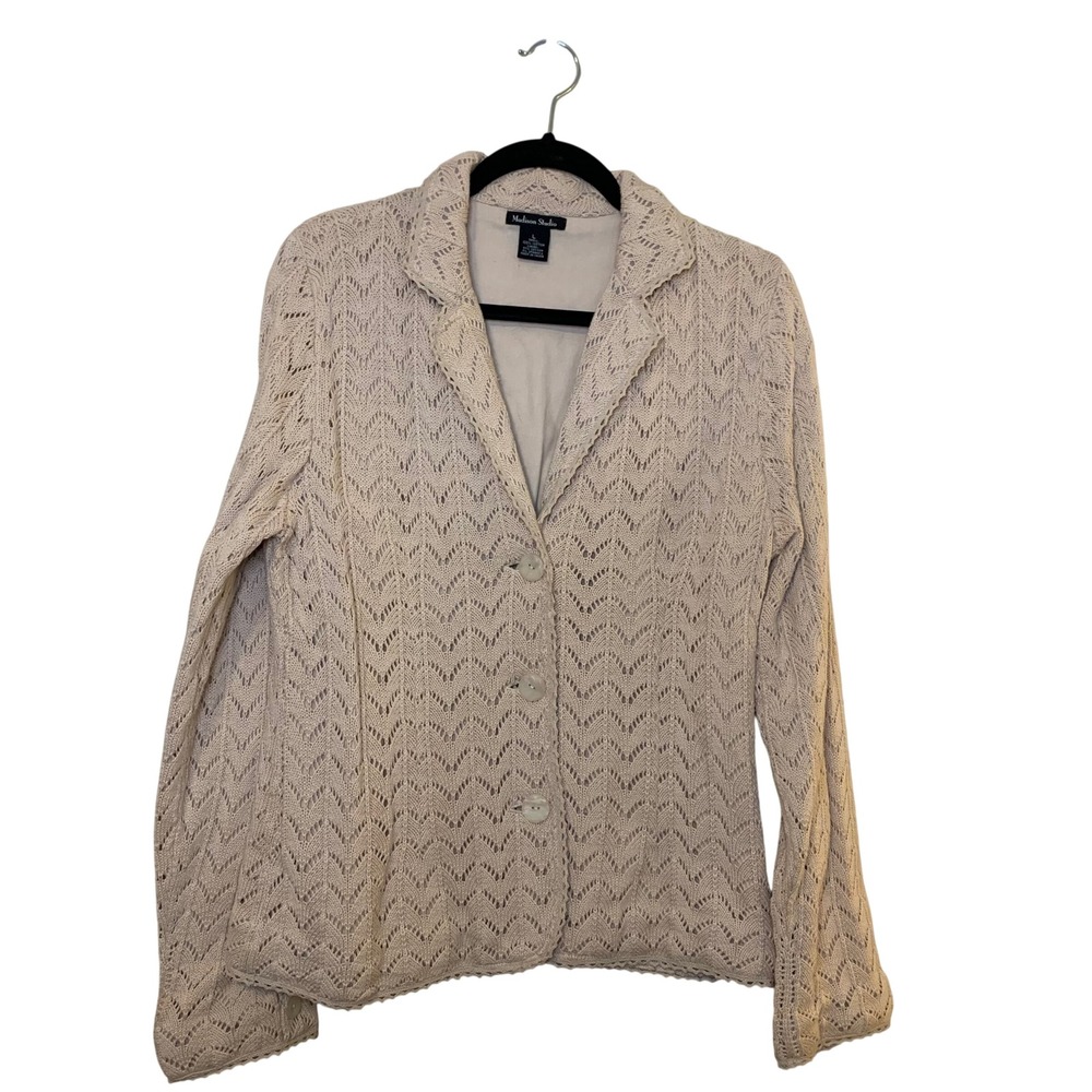 Madison Studio Women Tan Crochet Pointelle Knit Cotton Blazer Jacket Size Large